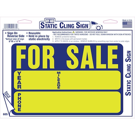 Hy-Ko Auto For Sale Static Cling B/Y Sign 9" x 12", 10PK A00275
